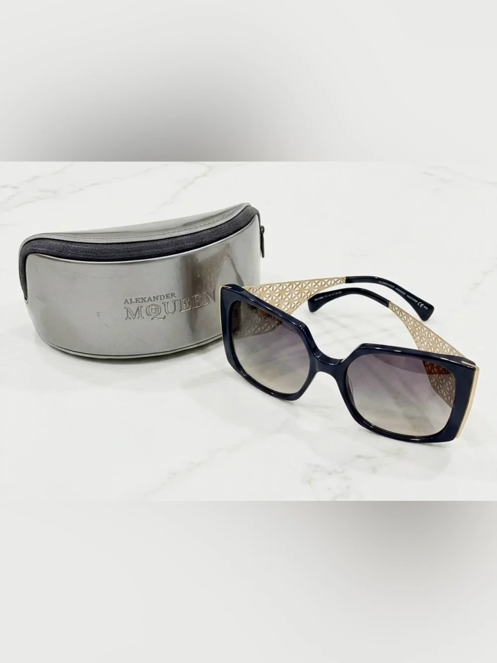 Alexander McQueen Black Sunglasses Silver-tone Pewter lattice Metal Accents COA